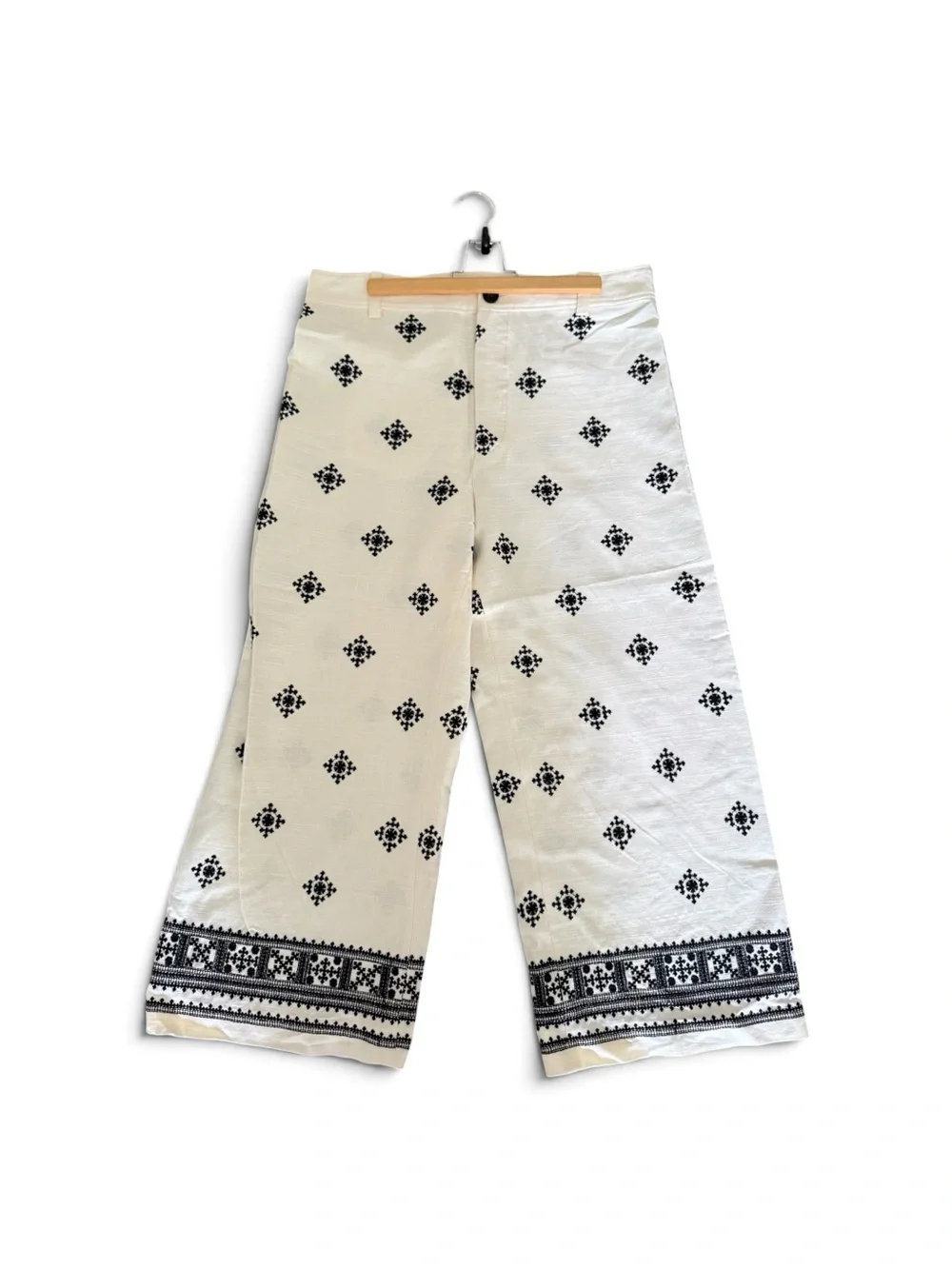 Zara • High-Waist Geometric Print Linen-Blend Cropped Wide-Leg Pants XL